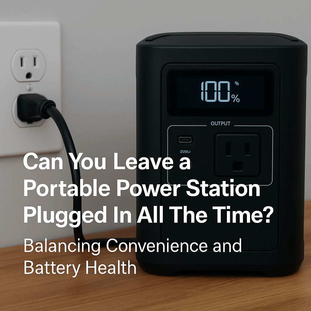 Portable power station plugged into wall, showing 100% charge on display"