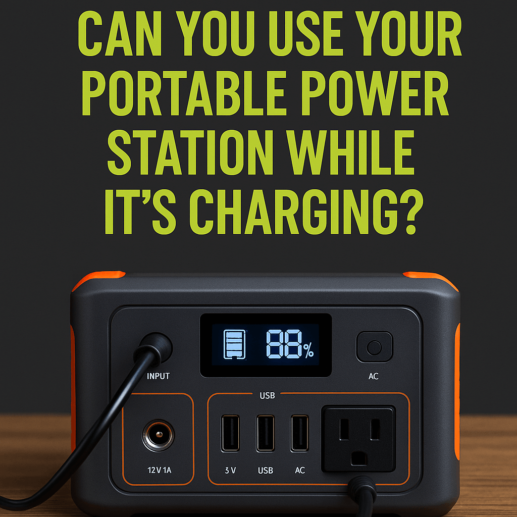 Portable power station on wooden surface displaying 88% charge, with bold text above reading 'Can you use your portable power station while it's charging?'