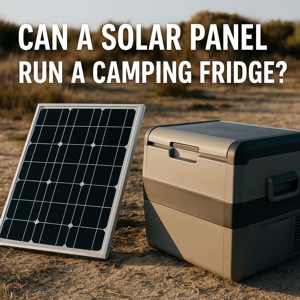 A portable camping fridge next to a solar panel on dry ground with the text “Can a Solar Panel Run a Camping Fridge?” displayed above.