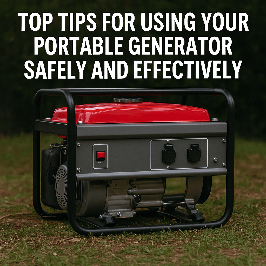 Portable generator with red top placed on grass, with text overlay: “Top Tips for Using Your Portable Generator Safely and Effectively,” .