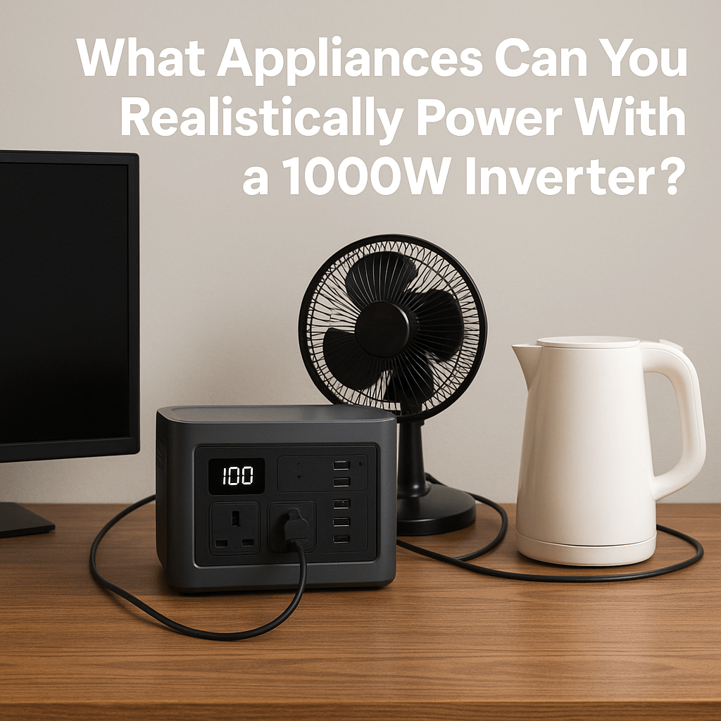 Portable power station on a wooden desk powering a small TV, desk fan, and electric kettle, with the text “What Appliances Can You Realistically Power With a 1000W Inverter?” displayed above.