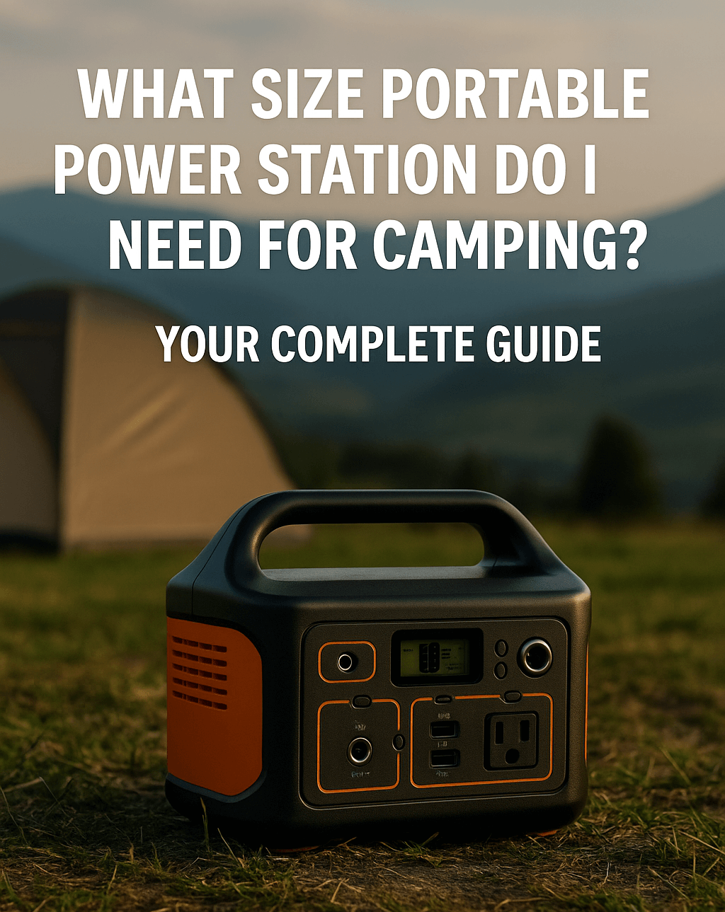 Portable power station on grass at a campsite with tent and mountains in background, text overlay reads “What Size Portable Power Station Do I Need for Camping? Your Complete Guide.”