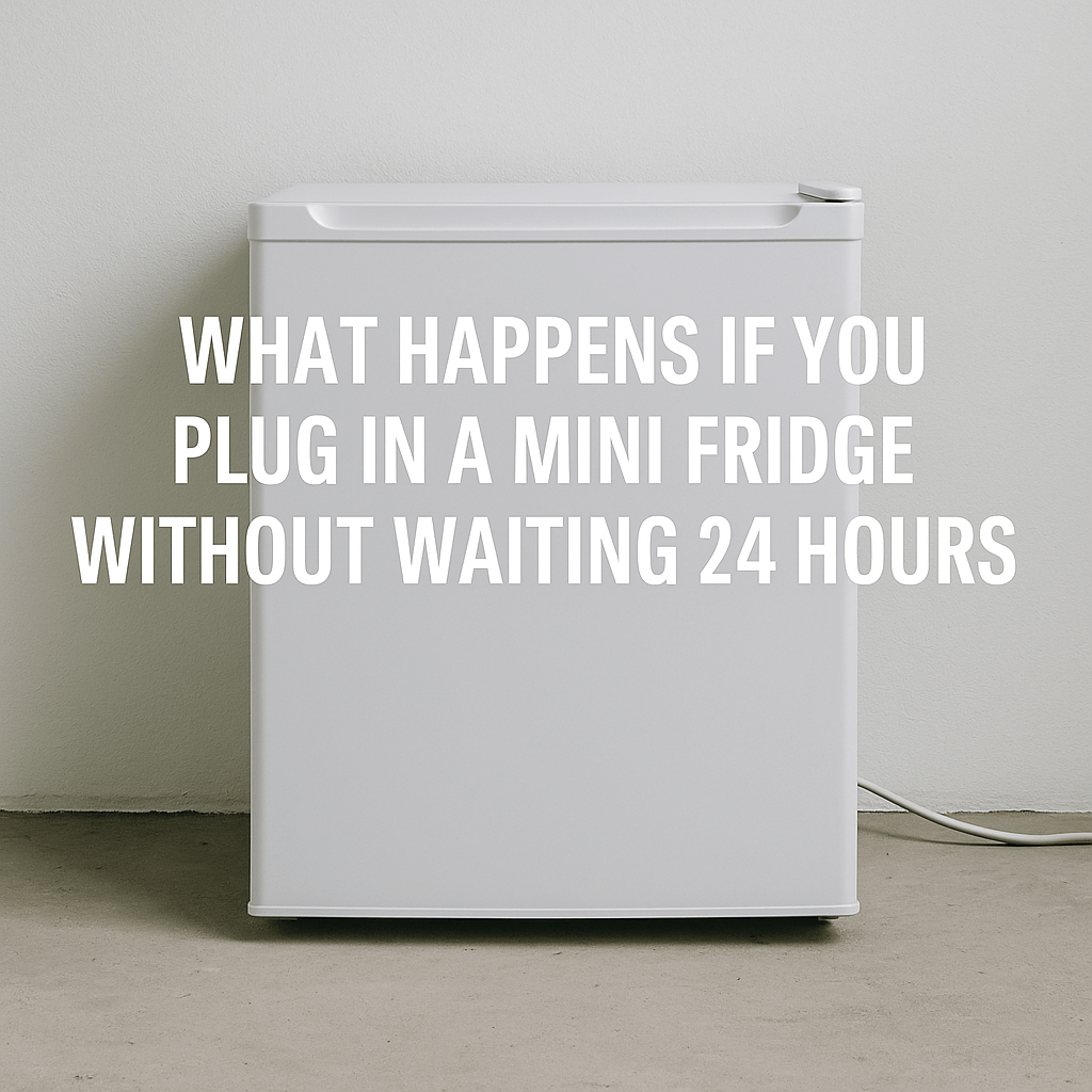White mini fridge on a concrete floor with bold text asking, “What Happens If You Plug in a Mini Fridge Without Waiting 24 Hours?”