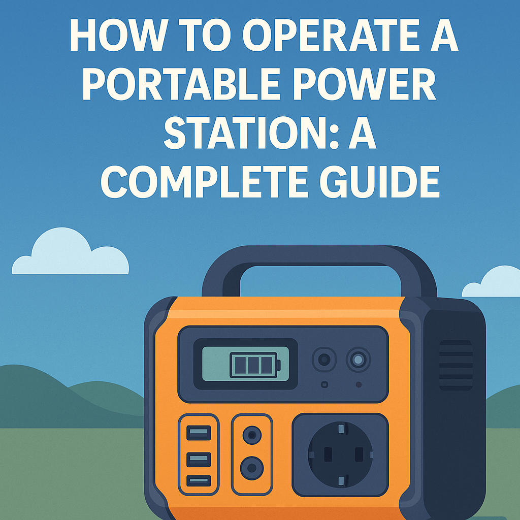 Image of a cartoonized portable power station outdoors with title text 'How to Operate a Portable Power Station: A Complete Guide' with a blue sky background.