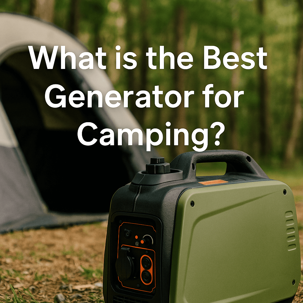 A green portable camping generator placed beside a tent in a forest, with overlaid text reading "What is the Best Generator for Camping?"
