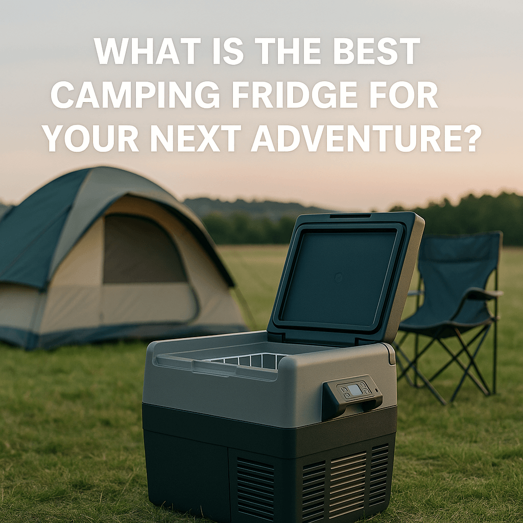  A camping fridge in front of a tent and chair with the text “What Is the Best Camping Fridge for Your Next Adventure?” displayed above.