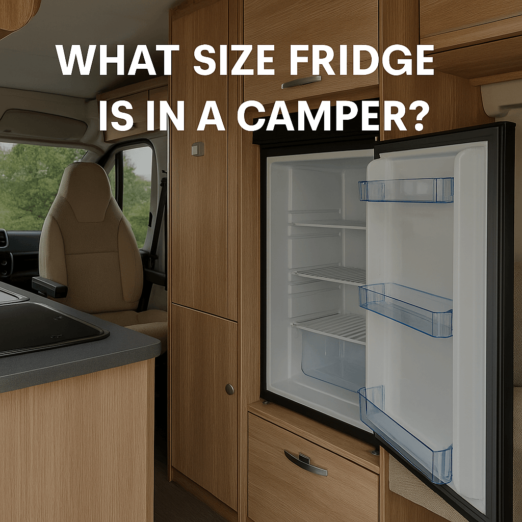 Spacious interior of a camper van with a built-in fridge and wood cabinetry, captioned “What Size Fridge Is in a Camper?” in bold white text.