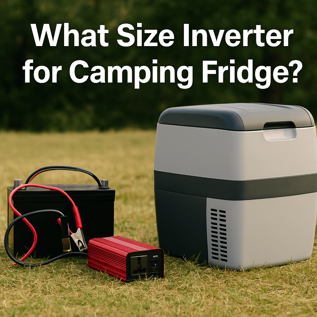 A camping fridge, red inverter, and battery setup on grass with the text “What Size Inverter for Camping Fridge?”