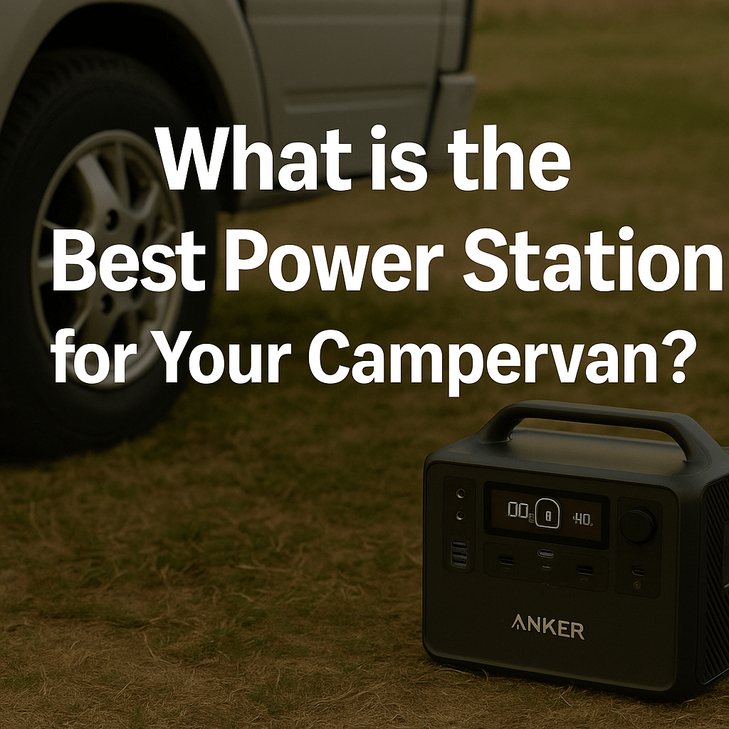 Portable power station beside a campervan on grass with text overlay reading "What is the Best Power Station for Your Campervan?"