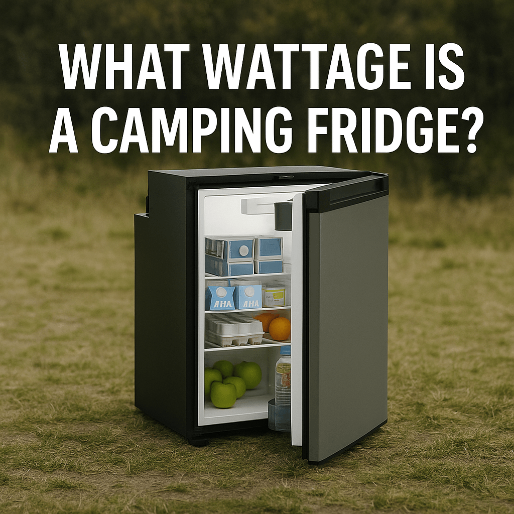 A portable camping refrigerator stocked with food and drinks, placed on grassy ground with the text “What Wattage Is a Camping Fridge?” above.