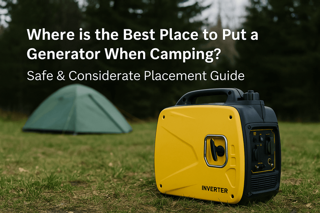 Yellow inverter generator on grassy campsite with green tent in background, overlaid with text “Where is the Best Place to Put a Generator When Camping? Safe & Considerate Placement Guide.”