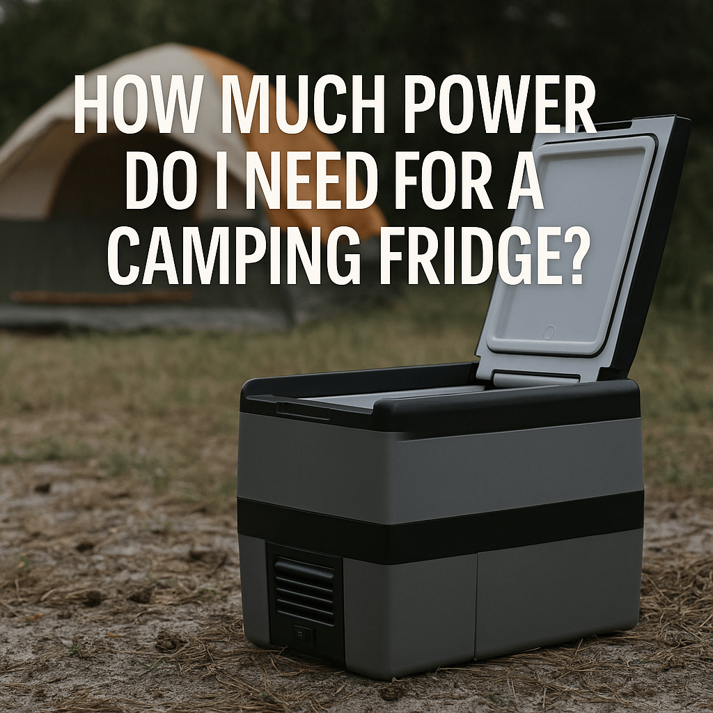 Portable camping fridge on forest floor with tent in background, text reads “How much power do I need for a camping fridge?”