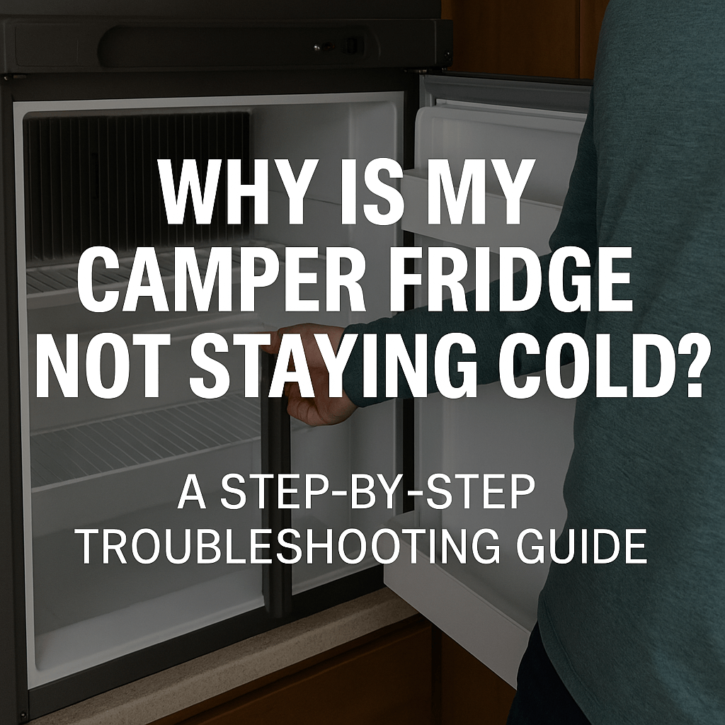 A camper fridge with its door open, a person in a teal shirt inspecting it, with overlaid text asking "Why is my camper fridge not staying cold?"