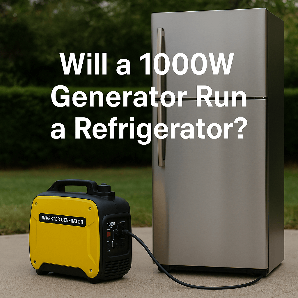 Yellow inverter generator plugged into a stainless steel refrigerator outdoors on a concrete surface, with text overlay asking "Will a 1000W Generator Run a Refrigerator?"