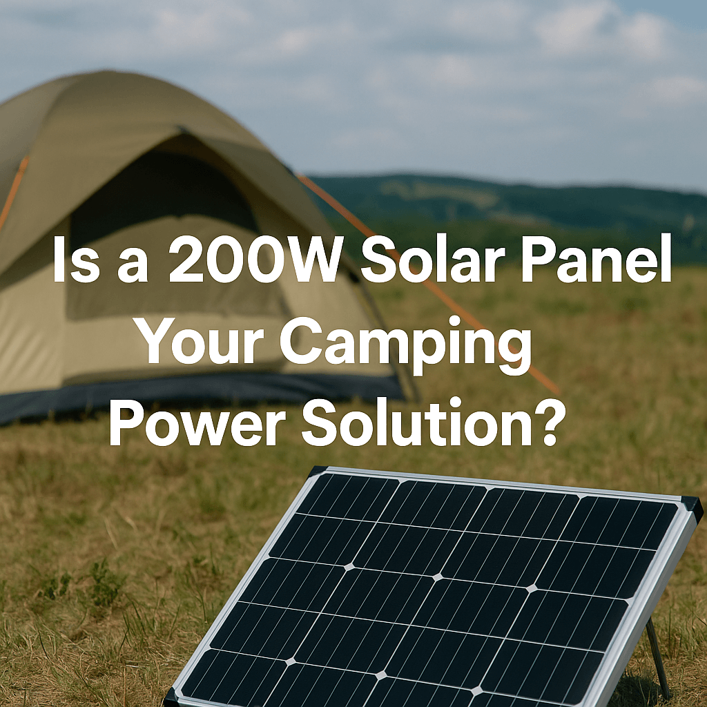 A 200W solar panel set up on grass with a camping tent in the background under a partly cloudy sky.