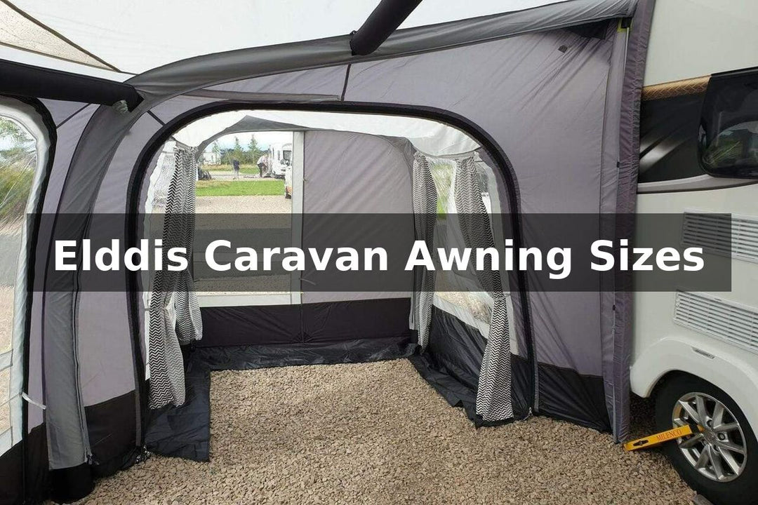 Elddis caravan with full awning pitched on campsite with text overlay Elddis Caravan Awning Sizes