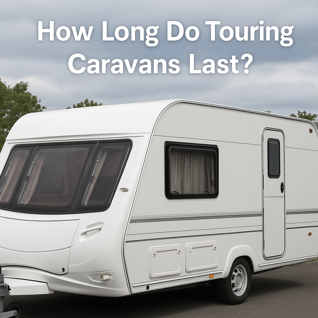 A modern white touring caravan parked on a countryside road under a clear sky with the text “How Long Do Touring Caravans Last?” displayed above.