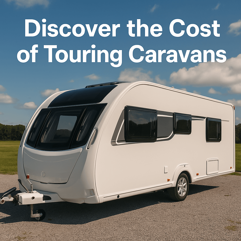 White touring caravan parked on a countryside site under blue sky with text “Discover the Cost of Touring Caravans.”