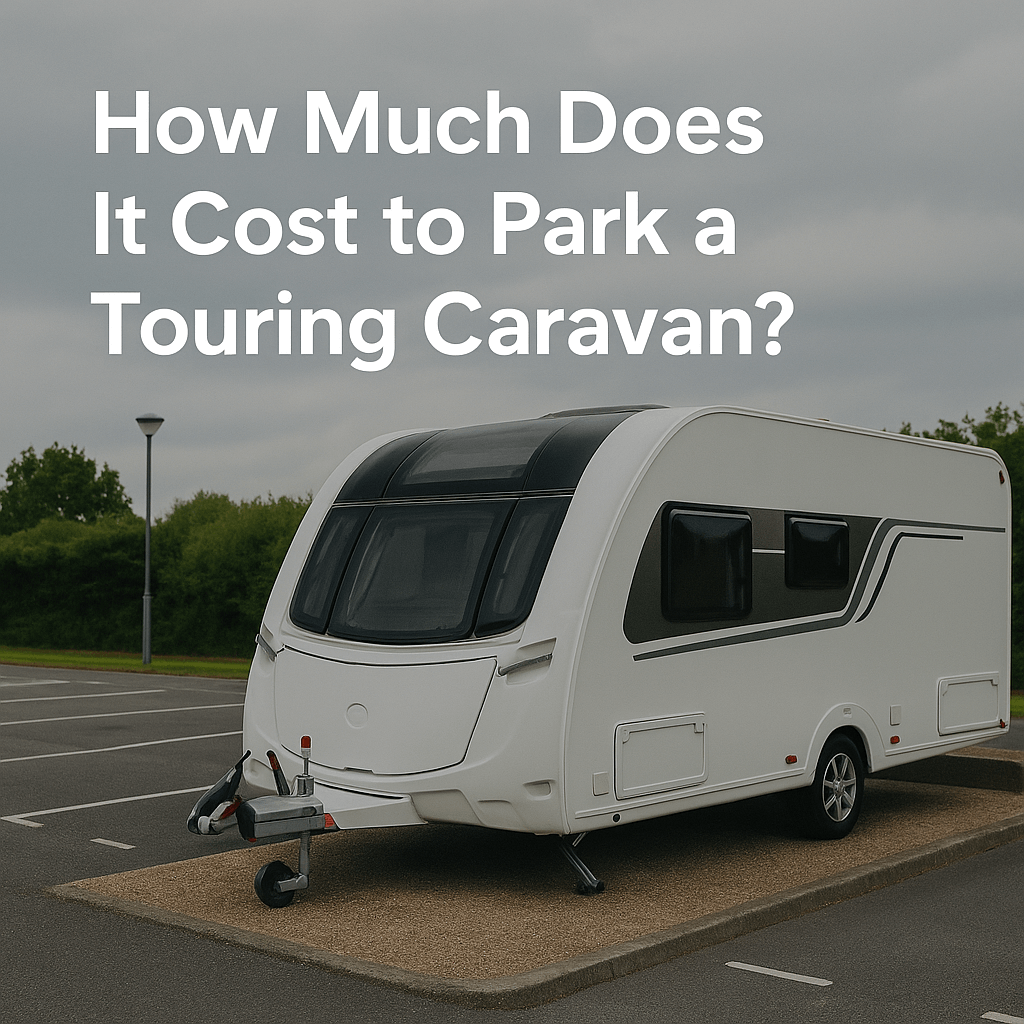 White touring caravan parked in a UK countryside car park under a cloudy sky with text overlay “How Much Does It Cost to Park a Touring Caravan?”.