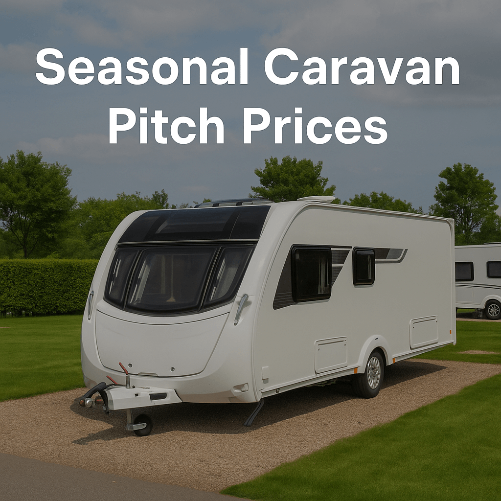 A white touring caravan parked on a clean grass pitch with the text “Seasonal Caravan Pitch Prices”
