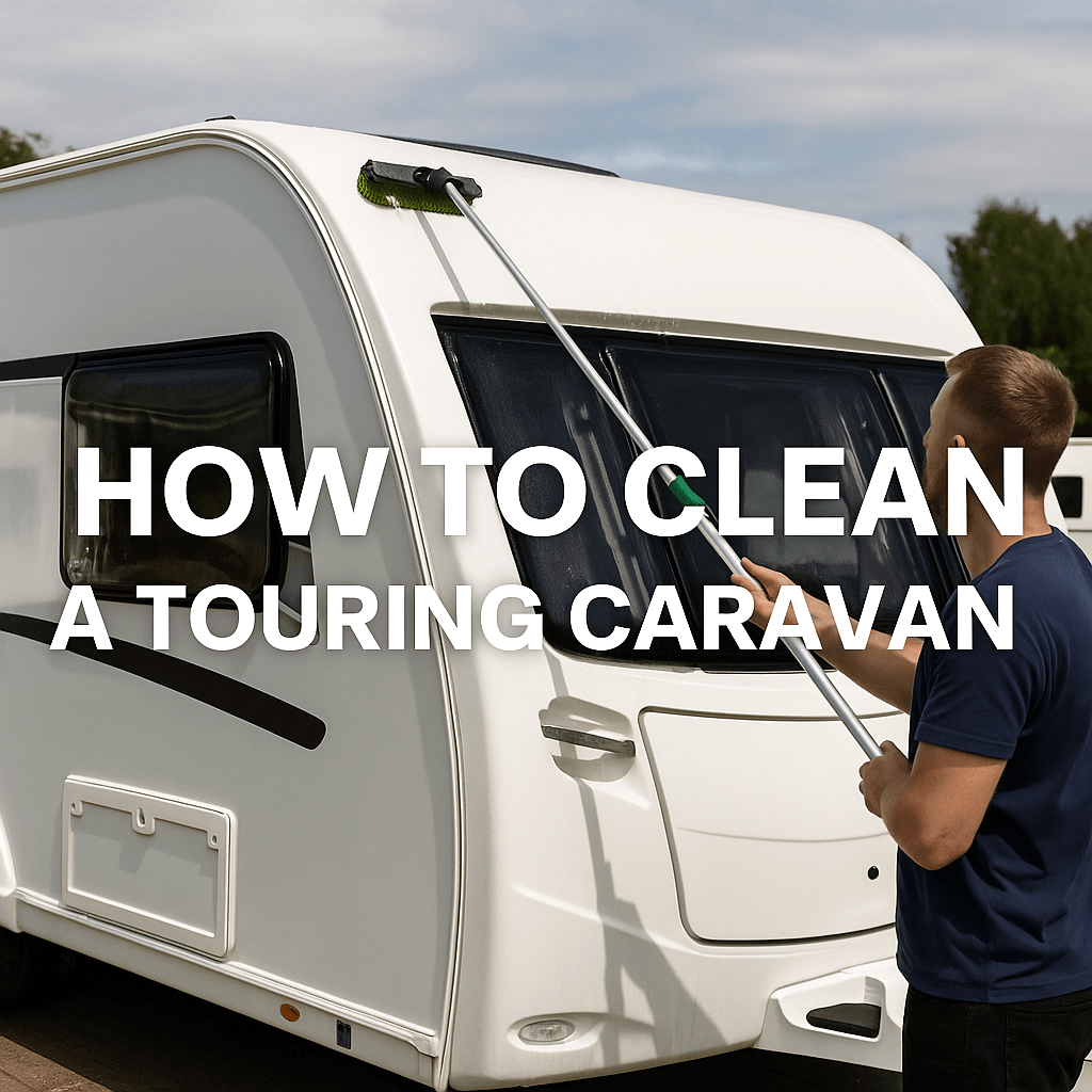 A man cleaning a white touring caravan with a long-handled brush under bright daylight, with text overlay that reads “How to Clean a Touring Caravan.”
