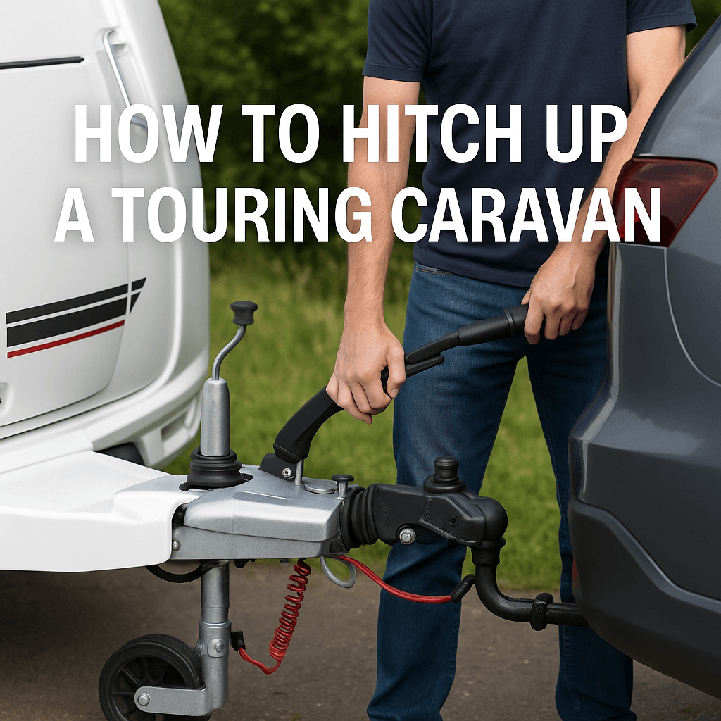 A man hitching a touring caravan to a grey tow vehicle on level ground, with text “How To Hitch Up A Touring Caravan” displayed on the image.