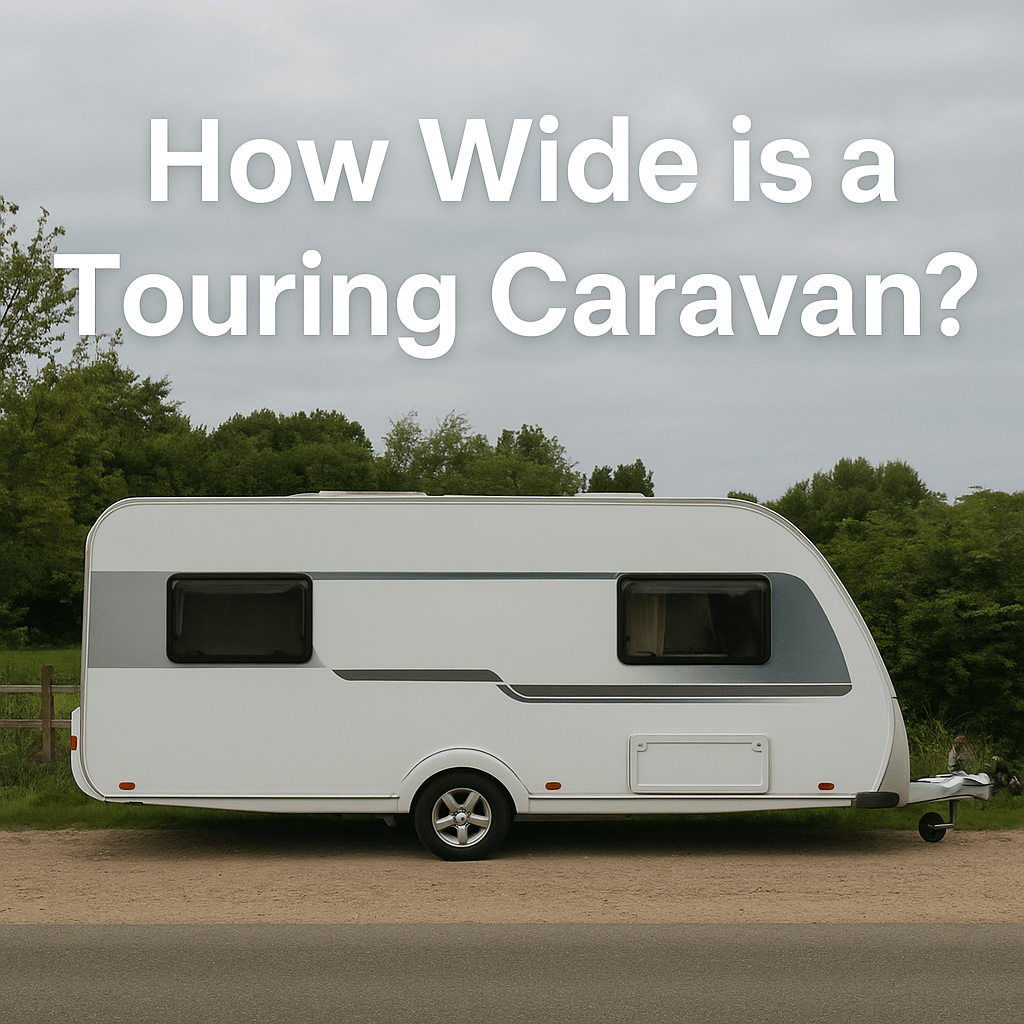 A white touring caravan parked beside a rural UK road with green trees in the background, under a cloudy sky. Text on image reads: “How Wide is a Touring Caravan?”.