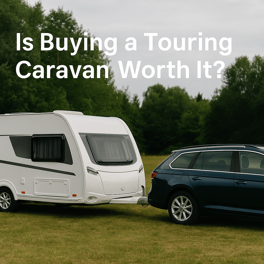 White touring caravan hitched to a dark blue estate car on a grassy field with trees in the background, overlaid text reads “Is Buying a Touring Caravan Worth It?”