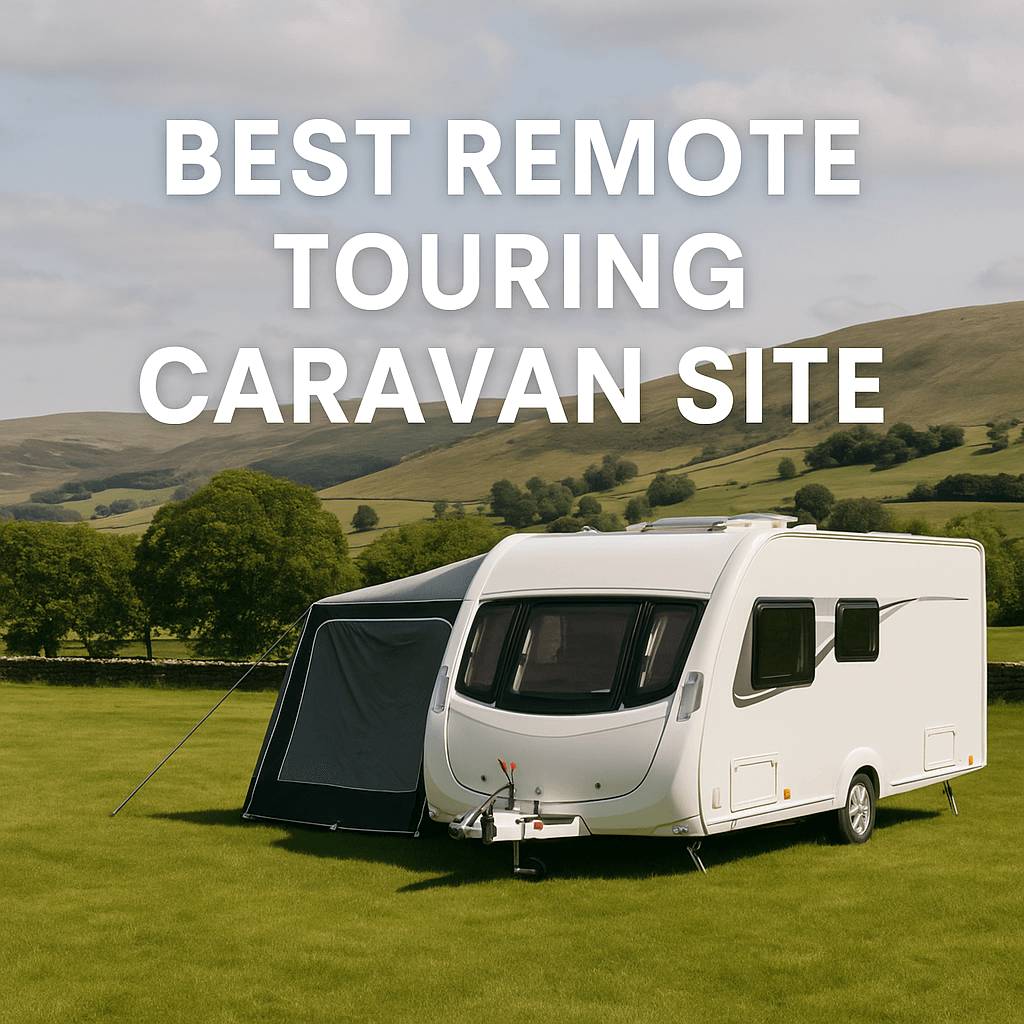 White caravan parked on green countryside field under a clear sky with hills in the background, featuring the text “Best Remote Touring Caravan Site.”