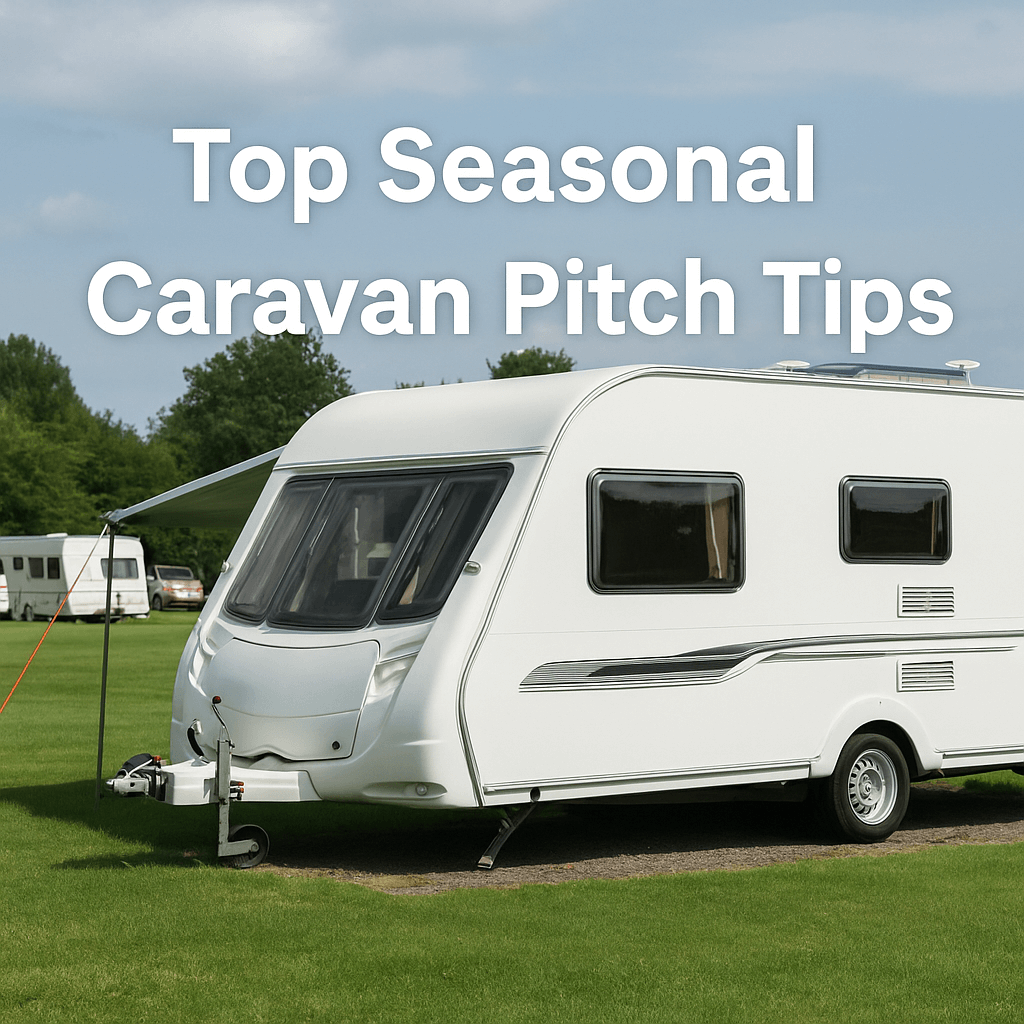 A white caravan with an extended awning parked on a grassy pitch under a clear blue sky, with the text “Top Seasonal Caravan Pitch Tips”