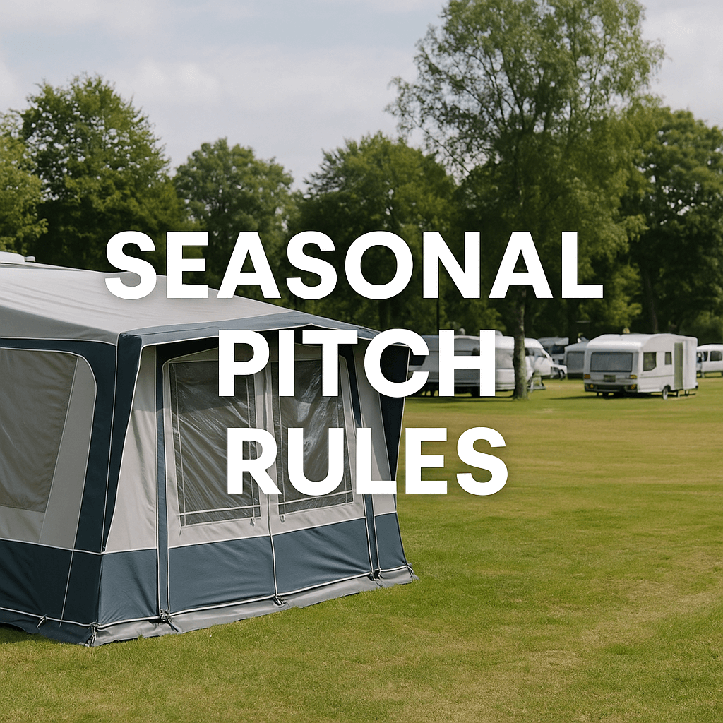 Modern caravan park with seasonal awnings and green grass under blue sky, text “Seasonal Pitch Rules.”