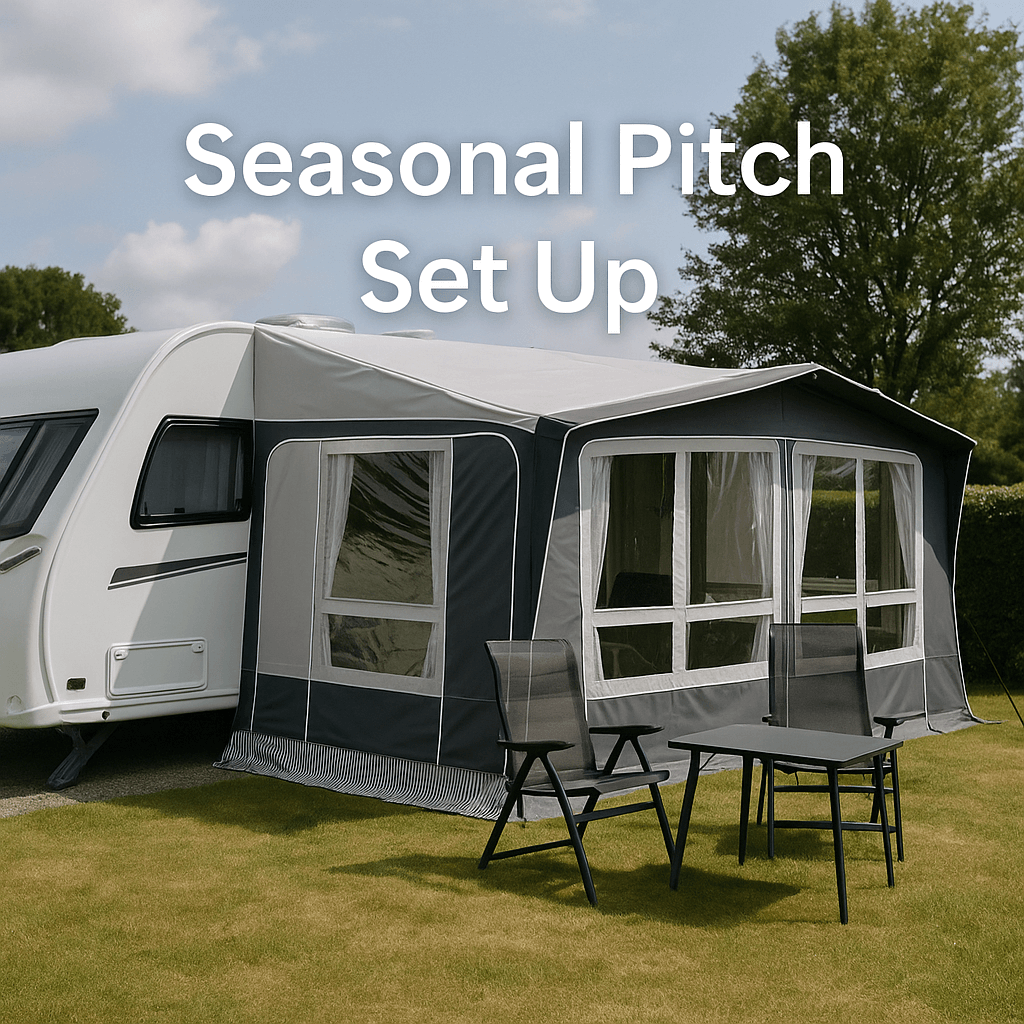 A modern caravan with a grey seasonal awning, chairs, and a table on green grass under clear daylight, featuring the text “Seasonal Pitch Set Up.