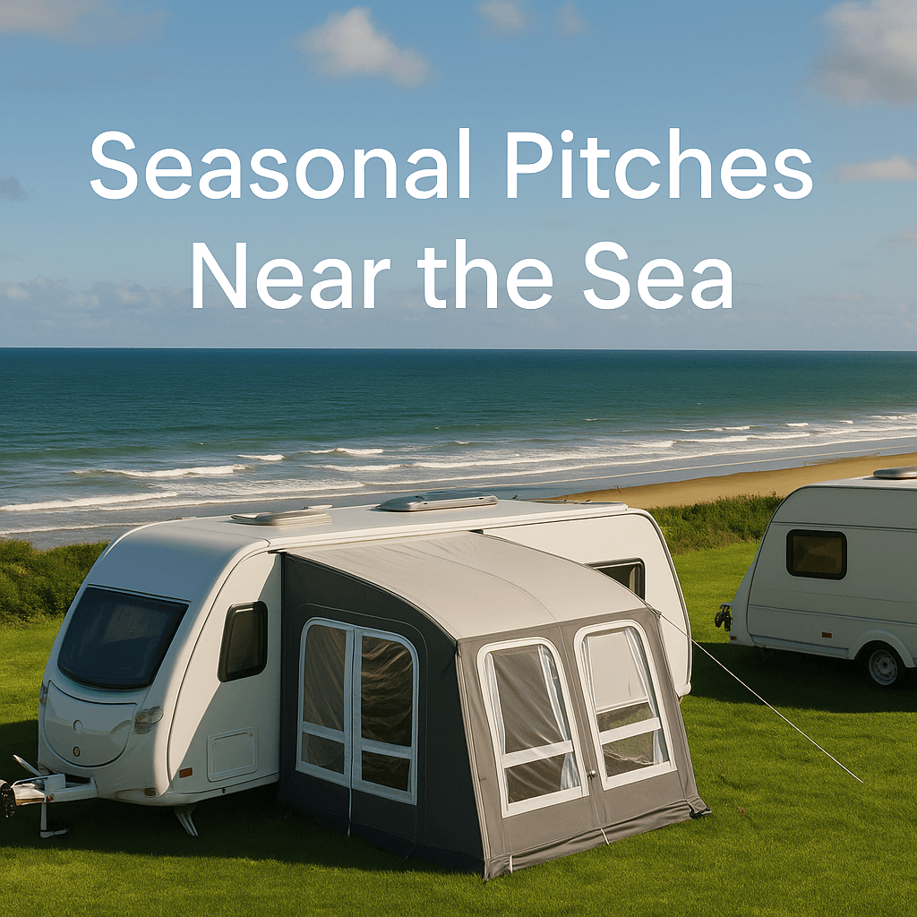 Coastal caravans with seasonal awnings overlooking the sea under clear blue sky, text “Seasonal Pitches Near the Sea”
