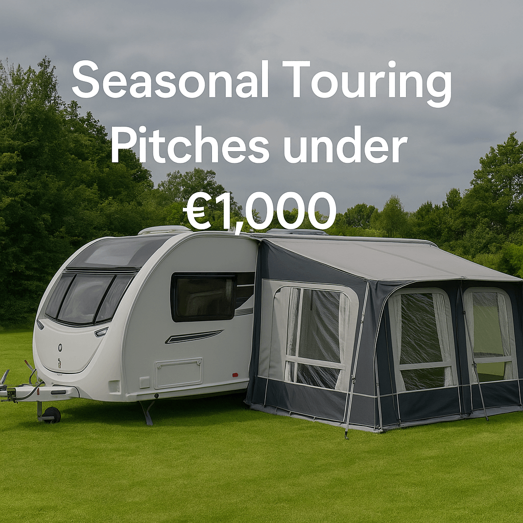 White caravan with grey awning parked on green grass under a cloudy sky, text overlay reads “Seasonal Touring Pitches under £1,000.”.