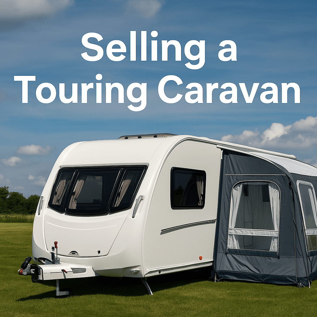 White touring caravan with an attached grey awning on a bright green field under a blue sky, with text “Selling a Touring Caravan.”