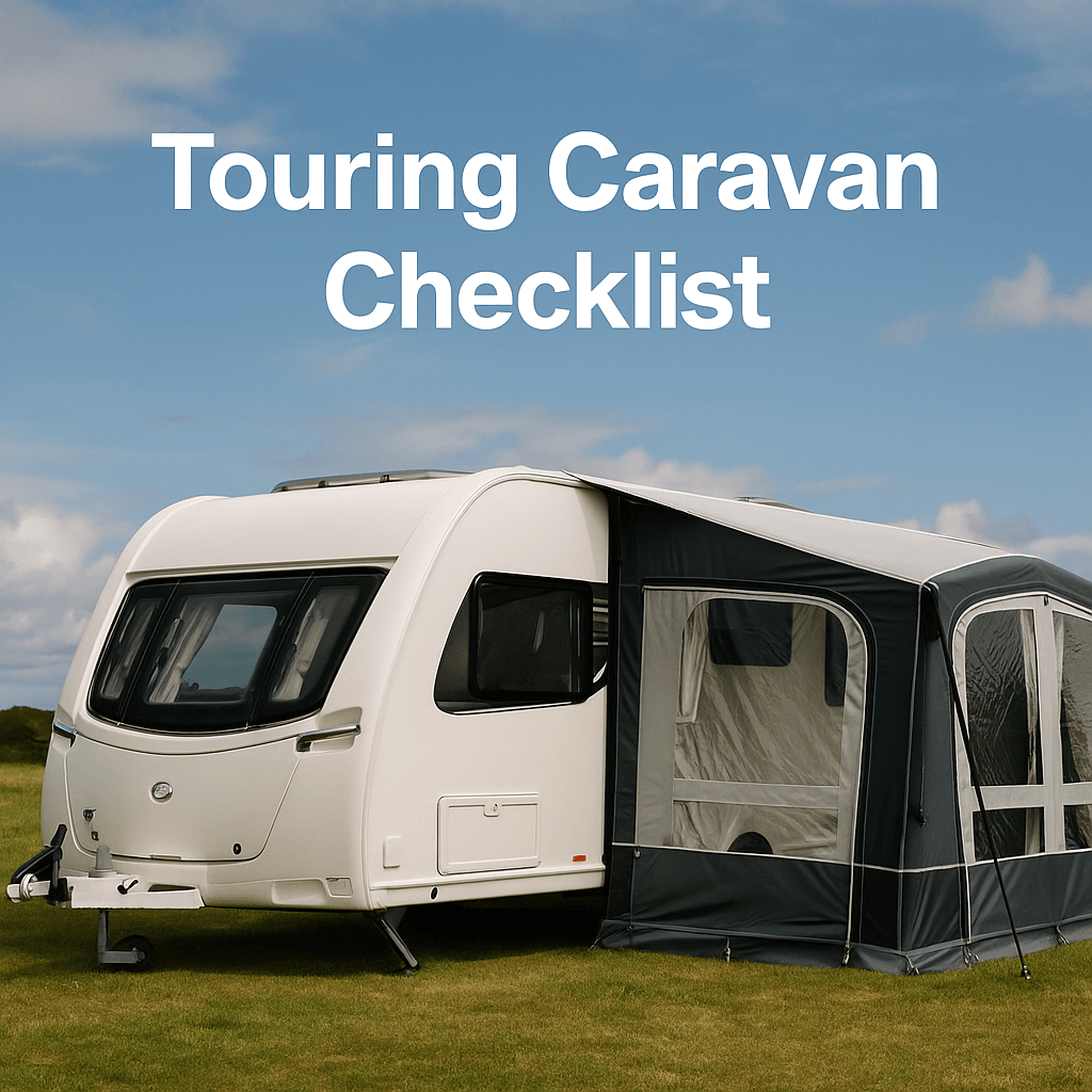 White touring caravan with attached grey awning on a grassy field under blue sky, text “Touring Caravan Checklist.”