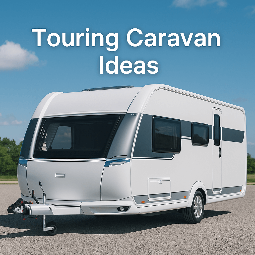 Modern touring caravan parked outdoors under blue sky with text “Touring Caravan Ideas.”.