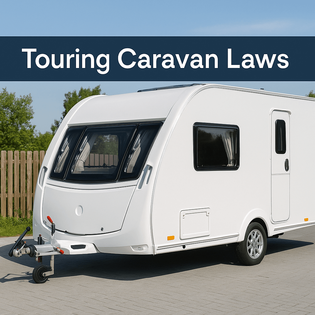 A modern touring caravan parked on a UK countryside road with text overlay “Touring Caravan Laws.”.