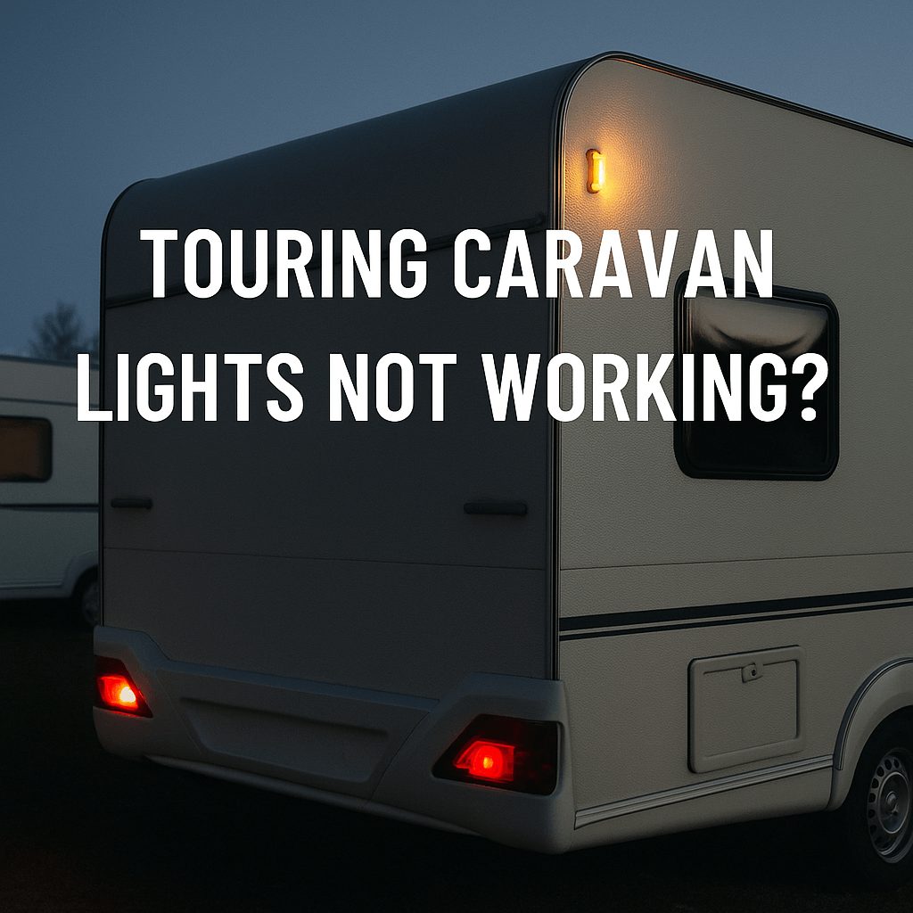 A touring caravan parked at dusk with rear lights glowing and text “Touring Caravan Lights Not Working?” on a clear evening sky.