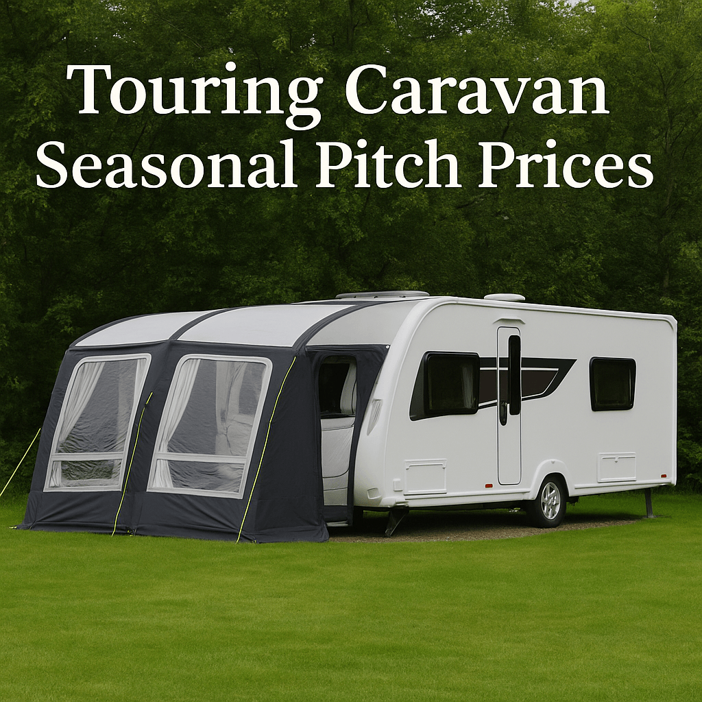 A white touring caravan with a grey seasonal awning parked on a green campsite under natural daylight, with bold text that reads “Touring Caravan Seasonal Pitch Prices.”