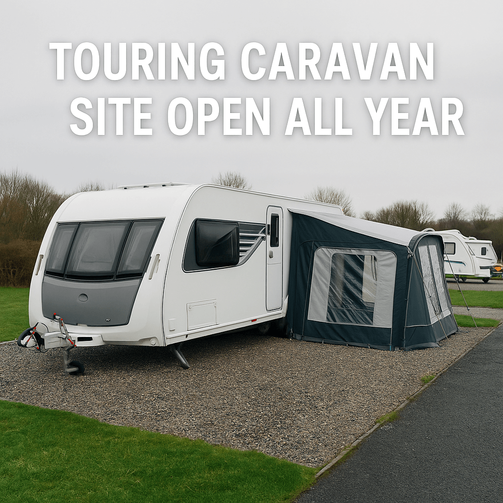 Touring Caravan Site Open All Year – white caravan with awning parked on a UK countryside pitch under soft daylight.