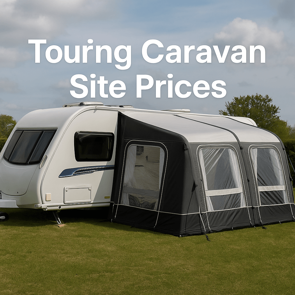 White caravan with a grey and black inflatable awning on green grass under a blue sky, with text that reads “Touring Caravan Site Prices.”