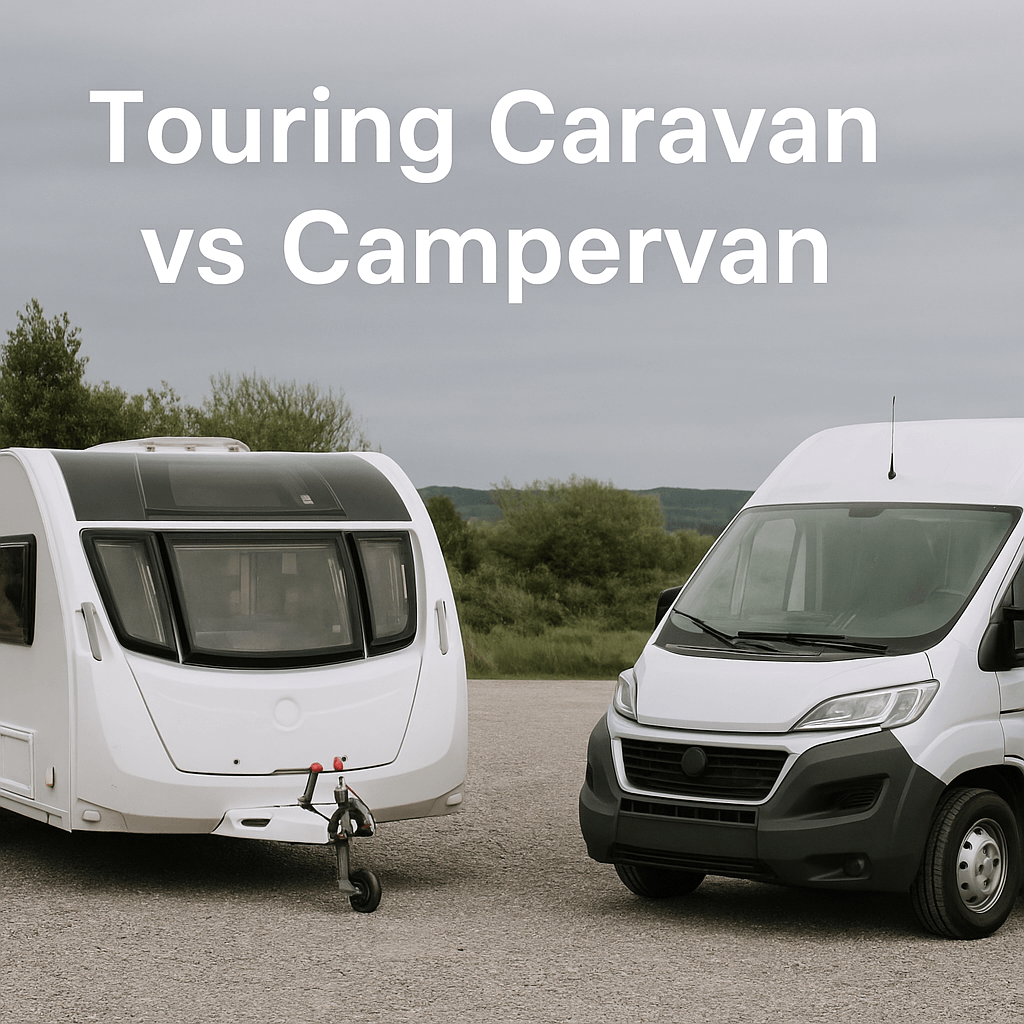 A photograph features a white touring caravan and a white campervan parked side by side in a gravel lot with the text "Touring Caravan vs Campervan" written above.