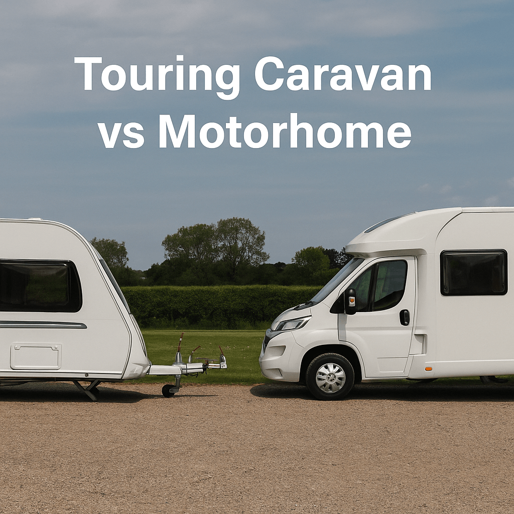 A  touring caravan parked beside a motorhome on a grassy UK campsite under a clear sky, with the text “Touring Caravan vs Motorhome”
