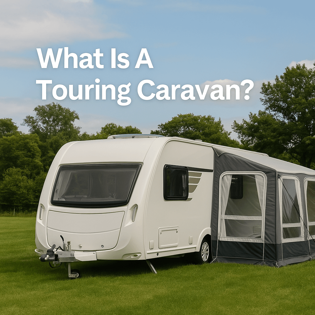A modern white touring caravan with an attached awning parked on green grass under a blue sky, featuring the text “What Is A Touring Caravan?”