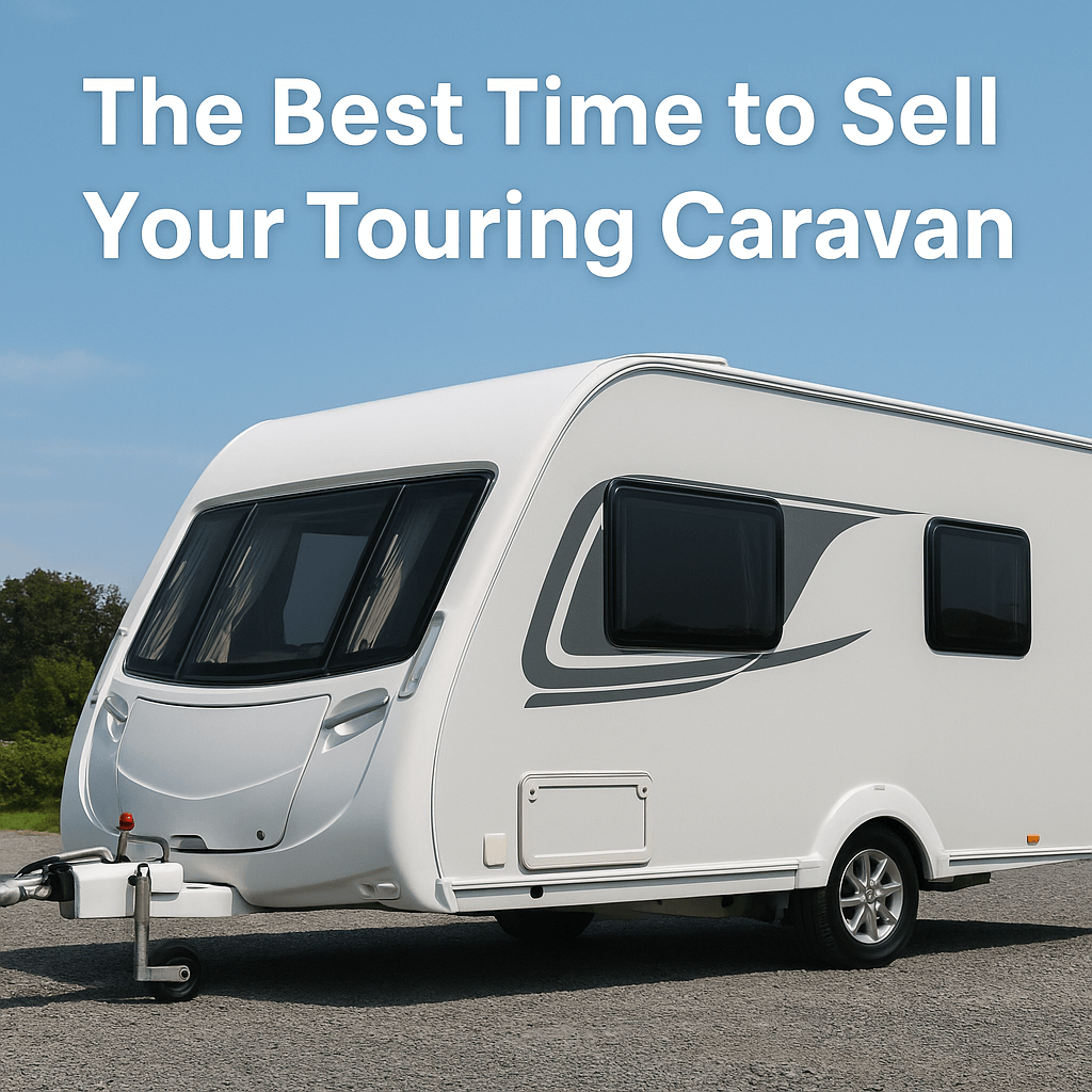 Modern touring caravan parked on a bright spring day with text “The Best Time to Sell Your Touring Caravan” on a clear blue sky background.