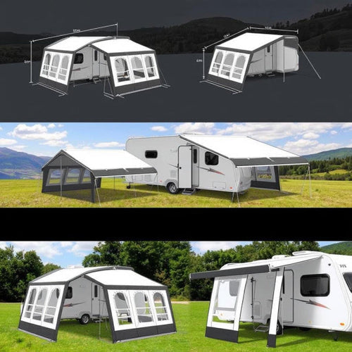 A drawing showing six different caravan awnings with various shapes and dimensions