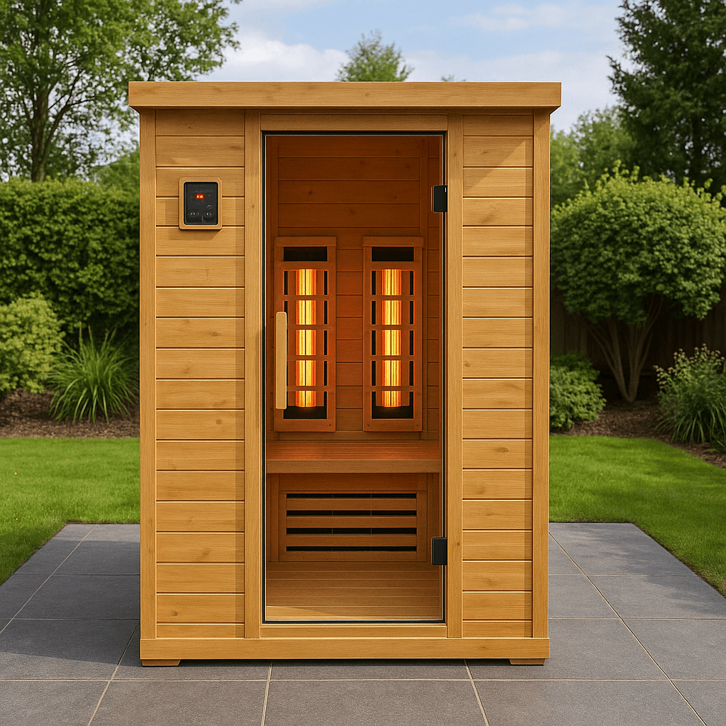 Outdoor 1-person infrared sauna with glowing heating panels on a patio.