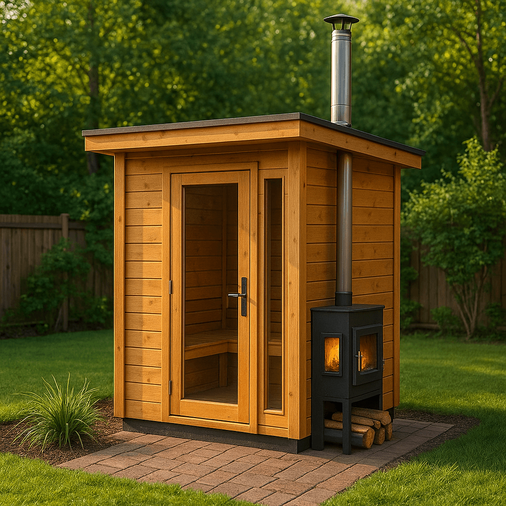 Modern wooden outdoor sauna with wood-burning stove on a garden patio.