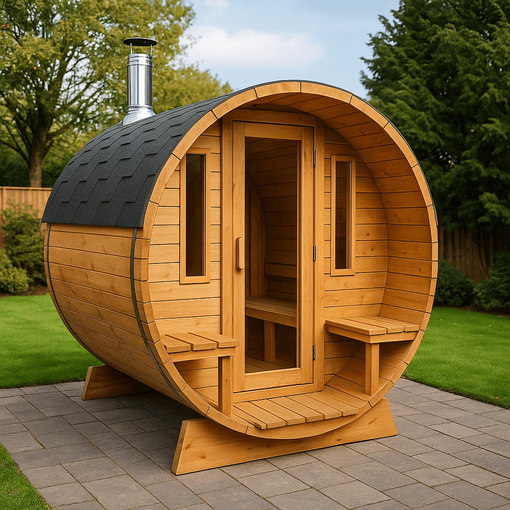 Outdoor barrel-shaped 3 person sauna on a garden patio.
